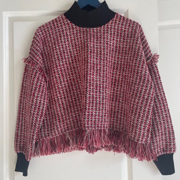 ZARA WOMAN Tweed Fringe Oversized Mock Neck Sweater TOP RED BLACK WHITE. SIZE S - Picture 1 of 13